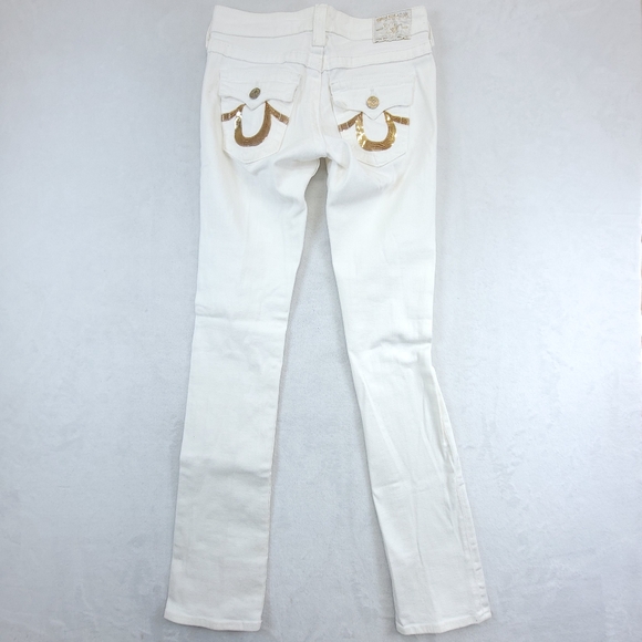 True Religion Womens White Gold Denim Jeans Slim Boot Size 25 Metallic Embellish - Picture 1 of 12
